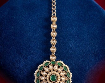 Antique Kundan Green Moti Maang Tikka Gold Mehndi Plated | Indian Bridal Headpiece Floral Kundan Tikka | Traditional Wedding Hair Jewelry