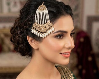 Indo Western Pearl Passa, Mehndi Plated Jhumar, Traditional Indian Wedding Hair Side Piece, Pakistani Bridal Jhoomar, Royal Mughal Headpiece