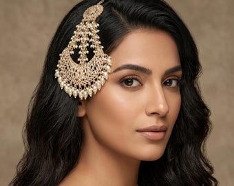 Kundan Paasa Jhumar for Wedding - Gold Plated Pearl Head Side - Indo-Western Hair Accessory - Bridal Head piece - Indian jewelry -RESTOCKED