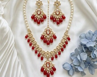 Red Kundan Bridal Jewelry Set,Meenakari Indian WeddingNecklace,Long Pearl Choker & Haar,Sabyasachi Inspired BridalWear,Pakistani Wedding Set