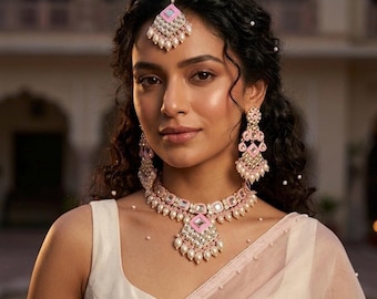 Pink Meenakari Necklace Set | Indo Western Haldi Bridal Jewelry with Tikka | Gold Plated Kundan Statement Set  | light Pink Indian Jewelry