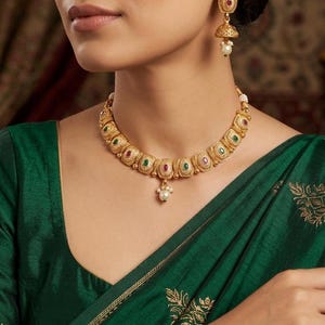 Ruby Green Meenakari Antique Gold Necklace Set | Indian Bridal Choker with Earrings | Red Green Wedding Jewelry | Heavy Gold Look Set