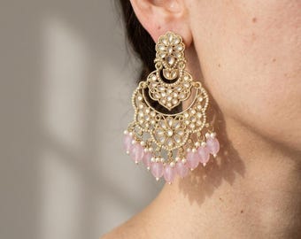Pink Kundan Chandbali Earrings, Long Bridal Statement Earrings, Indian Wedding Jewelry, Ethnic Gold Chandbali Danglers for Women