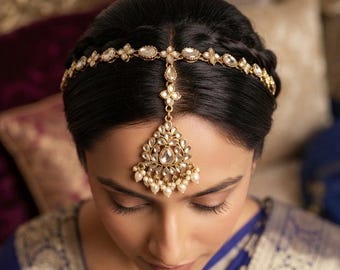 Pearl Sheeshphool Matha Patti Headpiece | Indian Bridal Mehndi Hair Jewelry Gold Plated Head Chain | Wedding Haldi Hair Accessory