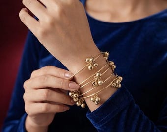 Mehndi Gold Ghungroo Bangles Set of 4, Oxidised Brass Tone Indian Churi Bracelets, Boho Stackable Bell Charm Bangles, Festive Gift for Her