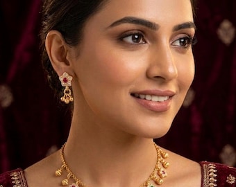 Floral Gold Plated Choker Necklace Set with Pink & Green Stones |Traditional Indian Wedding Jewelry Set with Earrings|Festive Bridal Jewelry