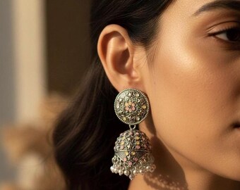 Oxidized Silver Jhumka Earrings – Iridescent Floral Dangles, Boho Chandelier