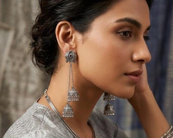 Handmade Kashmiri Oxidized Shoulder Duster Earrings - Extra Long Tiered Dangle -Latest Design Silver Look Boho Statement Jewelry for Women