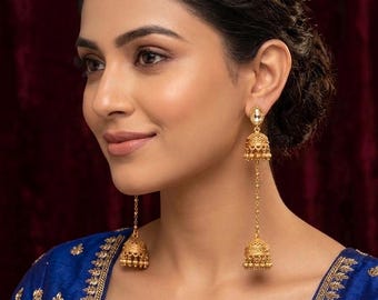 2 in 1 Detachable Gold Jhumka Earrings, Long Kashmiri Double Jhumki, Convertible Indian Wedding Jewelry, Antique Statement Dangle Gift, SAAR