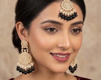 Black Beaded Earring Tikka Set, Indo Western Bridal Jewelry, Kundan Statement Earrings with Maang Tikka, Sangeet Mehndi Party Wear, Gift for