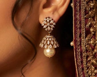 American Diamond Jhumka Earrings | Two Tone CZ Pearl Jhumki | Indian Bridal Wedding Earrings | Mehndi Gold Rhodium Jewelry - CZ Mini Jhumki