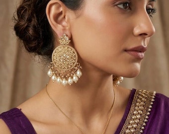Indian Pakistani Kundan Pearl Dangle Earrings for Wedding & Eid - Victorian Gold Plated Bridal Statement Bollywood Jewelry