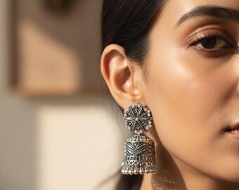 Oxidized Sterling Silver Jhumka Earrings – Iridescent Bollywood Floral Dangles
