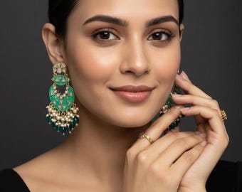 Rama Green Kundan Earrings for Wedding Guest - Hand Painted Meenakari Enamel Gold Plated Floral Dangles with Pearl Drops