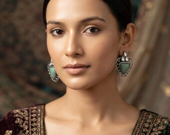 Oxidized Silver Dangle Earrings | Pista Green Monalisa Stone, Boho Jewelry