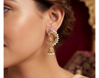 Mini Jhumki Earring, Antique Pearl Jhumka for Indian Wedding-Gold Plated Chandbali Studs Handcrafted Ethnic Jewelry -Minimal Ethnic Earrings