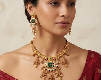 Antique Gold Indian Bridal Necklace Set | Green Ruby Statement Choker | Heavy Kundan Style Wedding Jewelry |Heirloom Gold Look Set