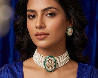 Multi-Strand Pearl Choker Necklace, Kundan Bridal Choker Necklace Set, Indian Wedding Jewelry, Green Pink Turquoise Gold Bridal Necklace set