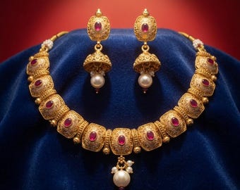 Red Meenakari Antique Gold Necklace Set | Indian Bridal Choker with Earrings | Ruby Wedding Jewelry | Heavy Gold Look Statement Set