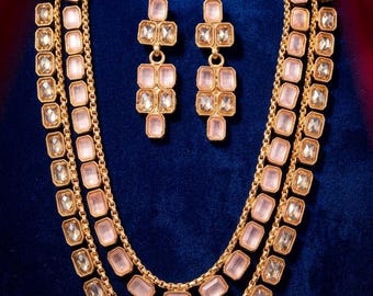 Kundan Necklace Set for Bridal Wedding, Antique Gold Plated Layered 2 Line Jewelry Set with Earrings Pink White Indian Ethnic Jewelry