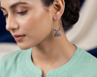 Oxidized Silver Hoop Jhumka Earrings, Delicate Tribal Gypsy Bali Drops, Mini Indian Bell Hoop Earrings, Bohemian Silver Jewelry Gift for Her