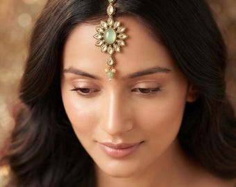 Aqua Mint Kundan Maang Tikka, Meenakari Bridal Headpiece, Indian Wedding Jewelry, Sangeet Mehndi Hair Accessory, Gift for Brides