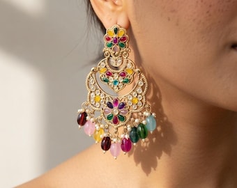 Rainbow Long  Kundan Chandbali Earrings for Wedding Guest-Floral GoldPlated Indian Jewelry , Multicolor Handcrafted Heritage Heavy Jhumka