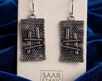 Oxidized Silver Rectangle Earrings, Abstract Geometric Bar Dangles, Textured Indian Boho Drop Studs,Modern Tribal Gypsy Jewelry Gift for Her
