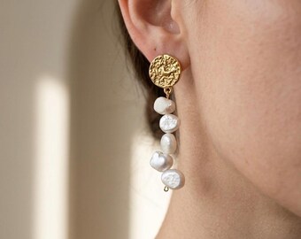 Baroque Pearl Drop Earrings • Gold Coin Studs, Waterproof Stainless Steel