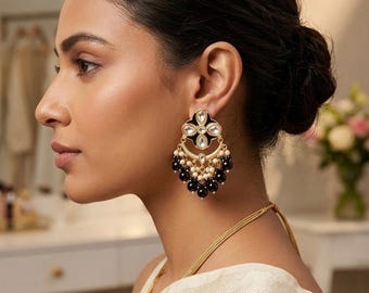Meenakari Earring in Black for Evening Wear - Black Chandbali Statement Earrings - Gold Plated Indo Western Jewelry - Bold Ethnic Drops