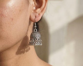 Oxidized Silver Jhumka Earring,Antique Indian Dome Bell Dangle,Traditional Ghungroo Bead Chime Drops, Gypsy Boho, JewelryGift