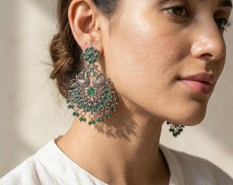 Oxidized Silver Peacock Jhumka Earrings: Pink & Green Stone Indian Jewelry