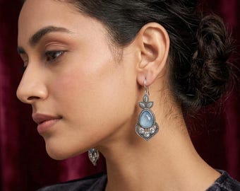Oxidized Silver Leaf Drop Earrings • Light Blue Pear Stone Dangle Hoops