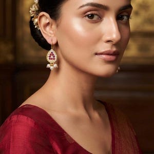 Mini Teardrop Earrings Gold Plated | Indian Pearl Drop Earrings Ruby CZ Jali Design | Wedding Guest Ethnic Statement Earrings for Women