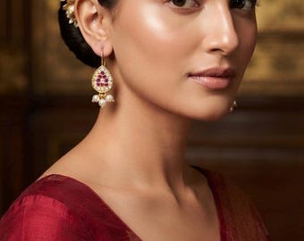Mini Teardrop Earrings Gold Plated | Indian Pearl Drop Earrings Ruby CZ Jali Design | Wedding Guest Ethnic Statement Earrings for Women