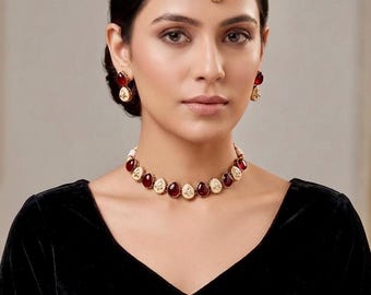 Peacock Maroon Indo Western Choker Set | Gold Plated Kundan Necklace with Tikka | Indian Wedding Jewelry | HandMade aesthetic |SAAR ETHNIC