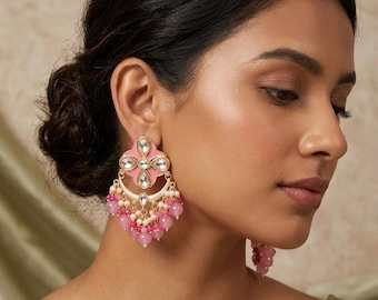 Meenakari Earring in Rani Pink for Indian Wedding-Pink Chandbali Statement Earrings-Gold Plated Indo Western Jewelry-Handmade Kundan Earring