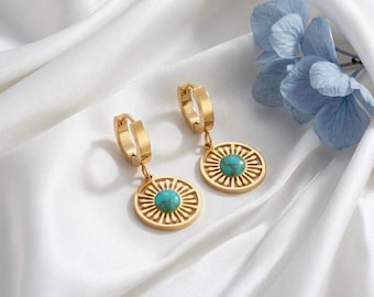Gold Sunburst Turquoise Huggie Hoop Earrings – Boho Dangle