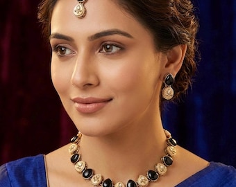 Black Indo Western Choker Set | Gold Plated Kundan Necklace with Tikka | Indian Wedding Jewelry | Handmade Teardrop necklace |  SAAR ETHNIC