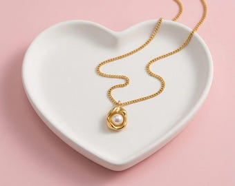 Organic Pearl Pendant Necklace, Waterproof Gold Freshwater Pearl Pea Pod Necklace, Minimalist Melted Gold , 18K Gold PVD Stainless Steel