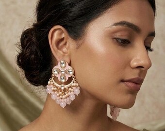 Meenakari Earring in Light Pink for Indian Wedding- Baby Pink Chandbali Statement Earrings -Gold Plated Indo Western Jewelry-Handmade Kundan