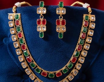 Ruby Green Bridal Kundan Necklace Set, Antique Gold Plated Wedding Jewelry 2 Line Layered Ethnic Statement Necklace Set with Earrings