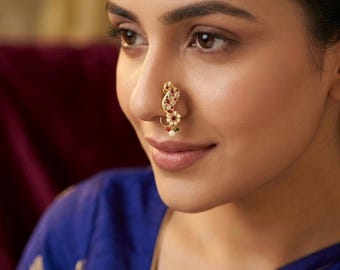 Maharashtrian Nath, Pressing Nose Ring, Marathi Bridal, Pearl Nose Ring, Ruby Nath Jewelry, Antique Gold Nath, Non Pierced Nose,Wedding Nath