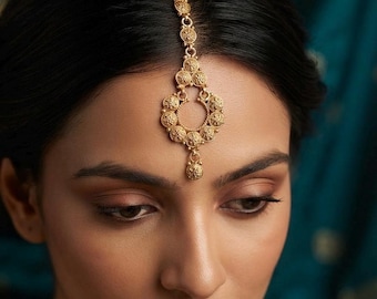 Antique Gold Maang Tikka | South Indian Temple Style Matha Patti | Traditional Bridal Hair Jewelry | Gold Forehead Accessory