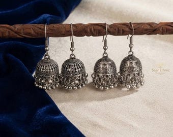 Oxidized Silver Jhumka Earring,Antique Indian Dome Bell Dangle,Traditional Ghungroo Bead Chime Drops, Gypsy Boho, JewelryGift