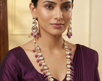 Purple Kundan Long Necklace Set,Pearl Bridal Jewelry with Earring Tikka, Indian Wedding Haar, Sabyasachi Inspired Statement Set, FastUSAShip