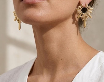 18K Gold Sunburst Hoop Earrings, Zircon Celestial Jewelry, Sculptural Gold Hoops, Minimalist Statement Earrings, Gift for Her SAAR ETHNIC