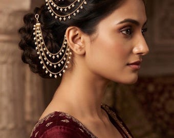 Indian Bridal Pearl Ear Chain, Moti Kanchain Mattal Support for Heavy Earrings, Antique Gold 1 & 3 Layer Strand Hair Jewelry, Saar Ethnic