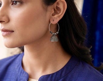 Oxidized Silver Jhumka Earrings | Boho Indian Hoop Bali | Tribal Ethnic Dangle Earrings | Festival Jewelry Gift for Her
