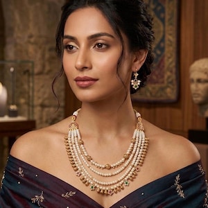 May include: A woman wearing a multi-strand pearl necklace with gold accents and gemstone embellishments. The necklace is paired with matching earrings. The woman is wearing a dark blue and maroon off-the-shoulder top.